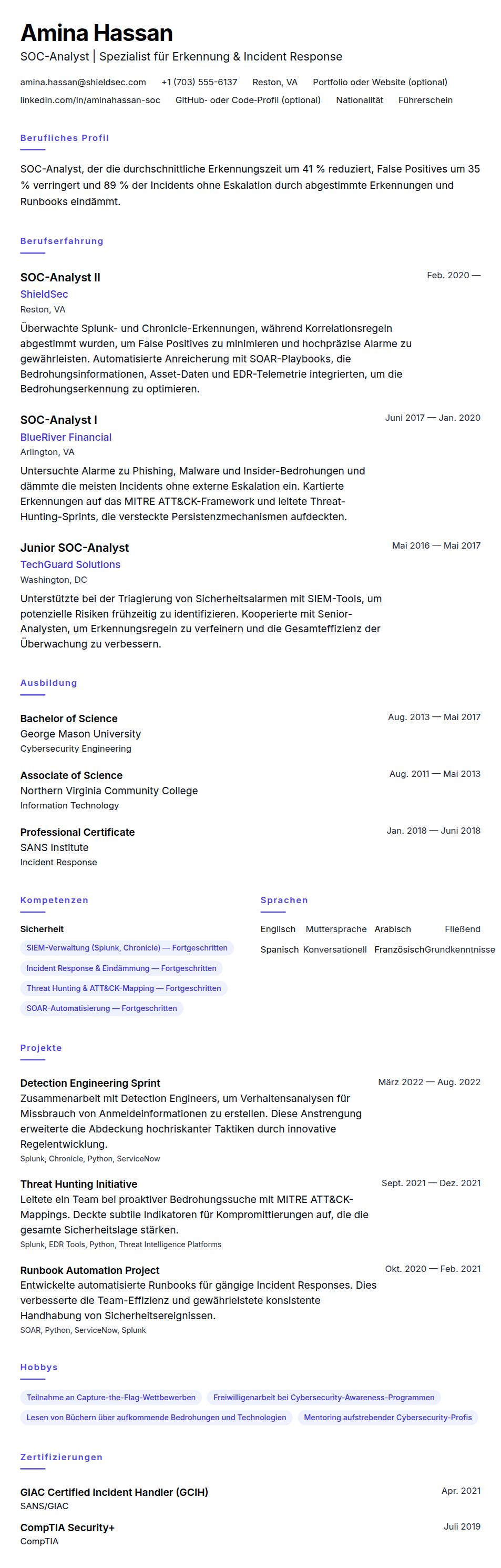 Lebenslaufvorschau für SOC-Analyst Lebenslaufbeispiel