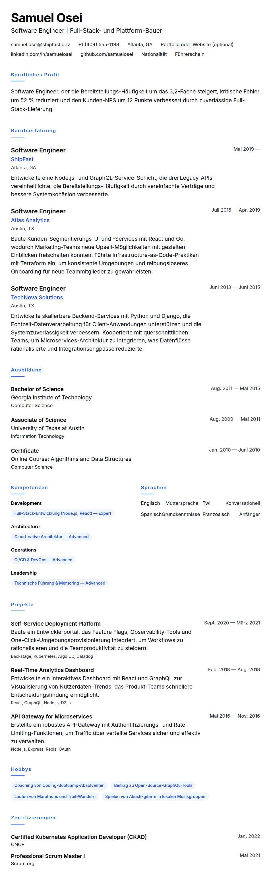 Lebenslaufvorschau für Software Engineer Lebenslauf-Beispiel