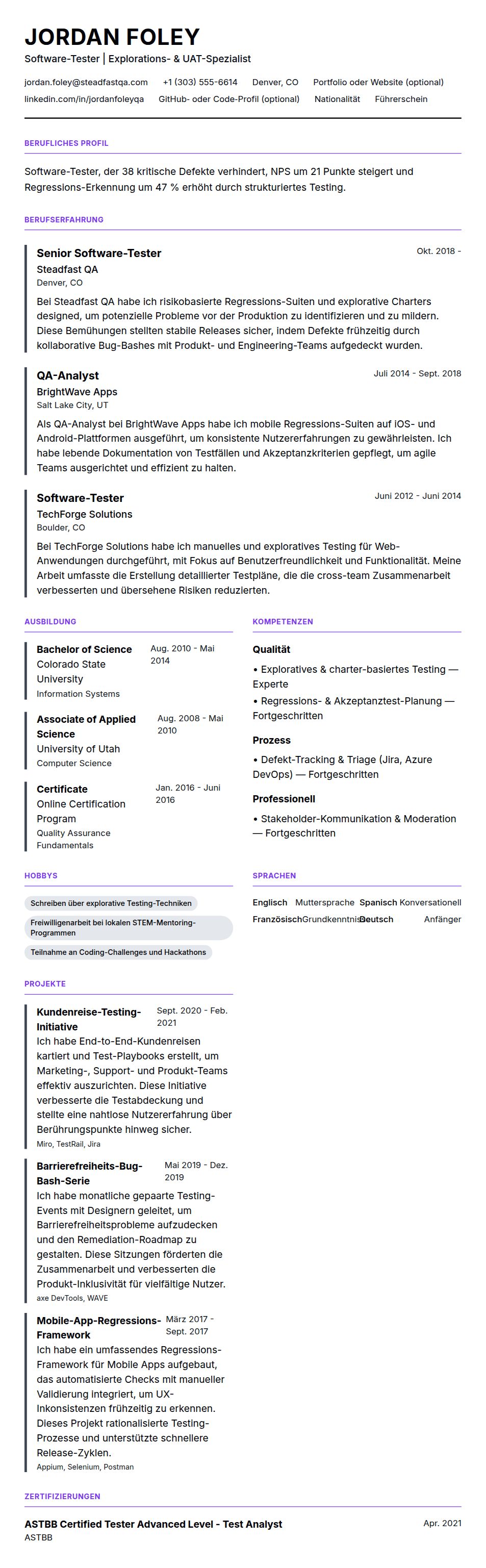 Software-Tester Lebenslaufbeispiel