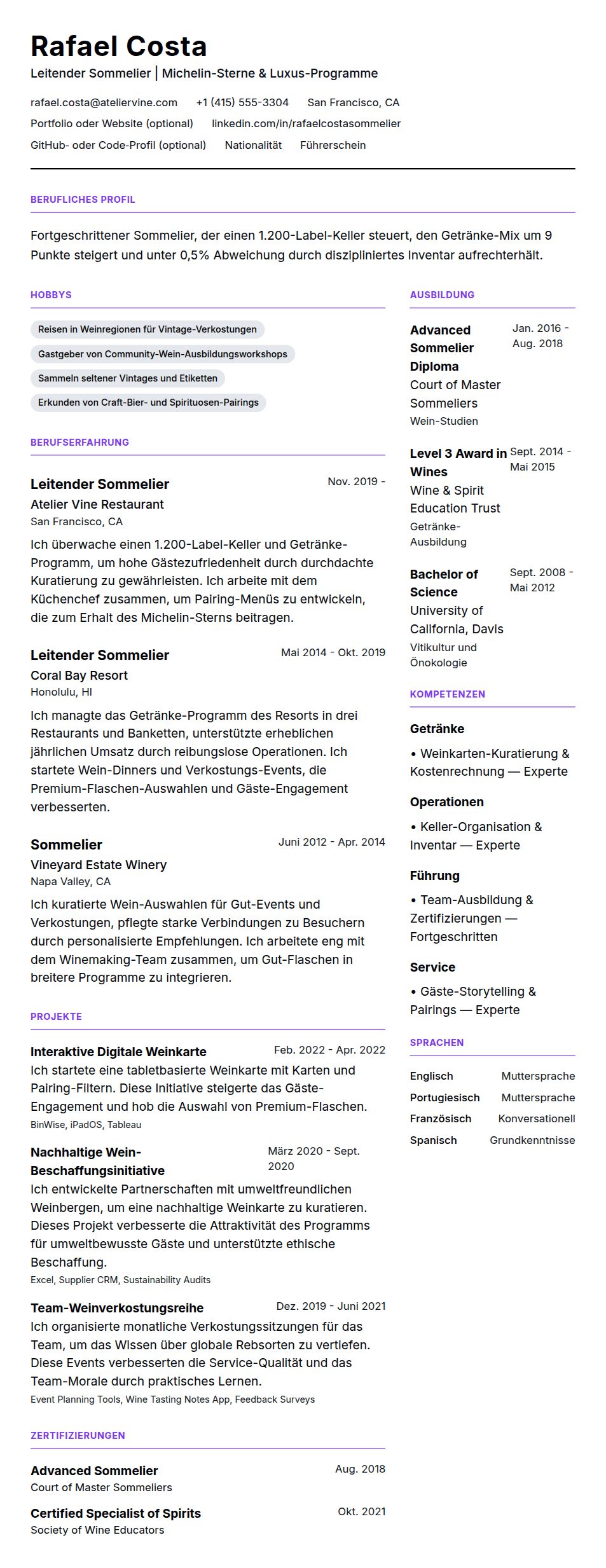 Sommelier-Lebenslauf-Beispiel