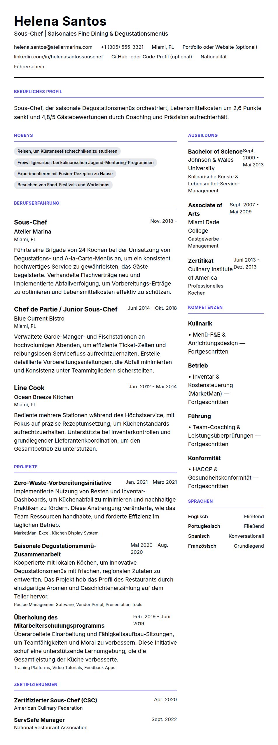Lebenslaufvorschau für Sous-Chef-Lebenslauf-Beispiel