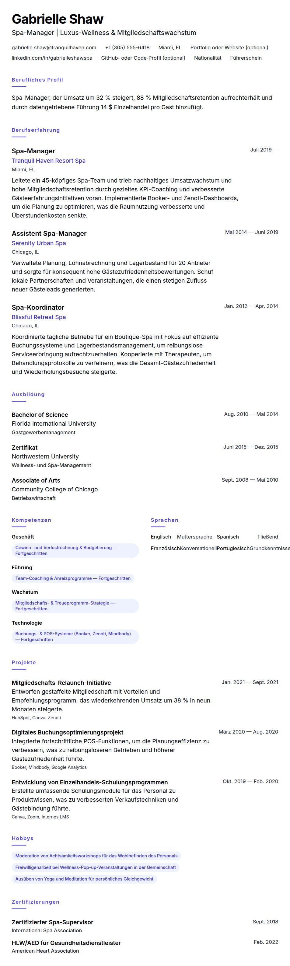 Lebenslaufvorschau für Spa-Manager-Lebenslauf-Beispiel