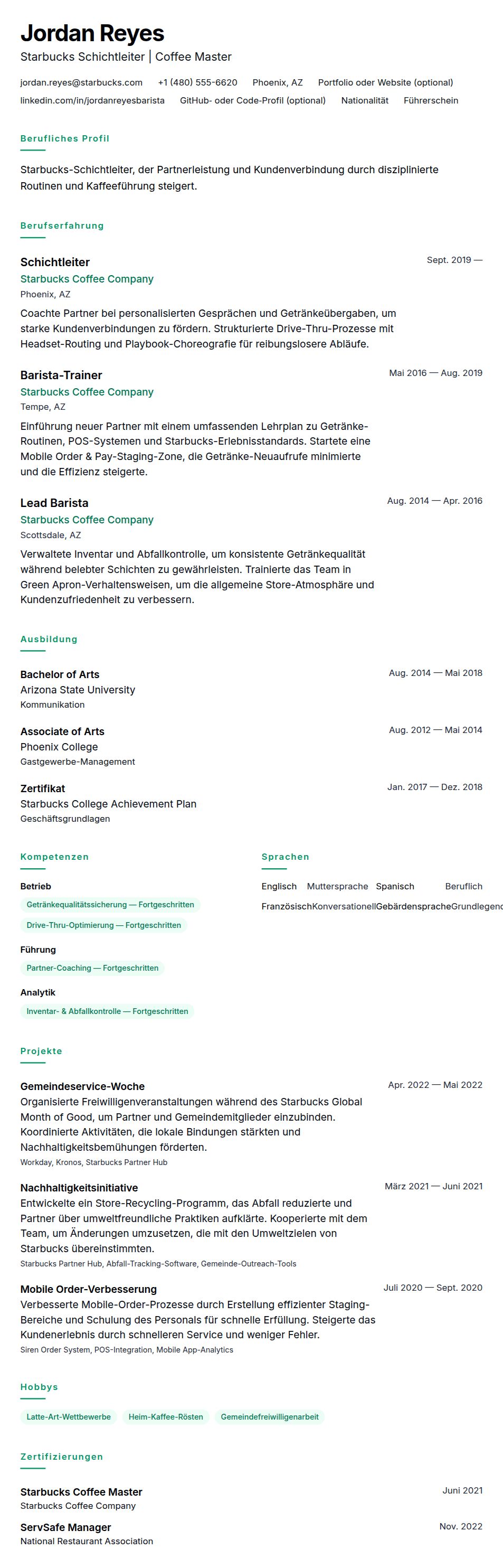 Lebenslaufvorschau für Starbucks Schichtleiter Lebenslaufbeispiel