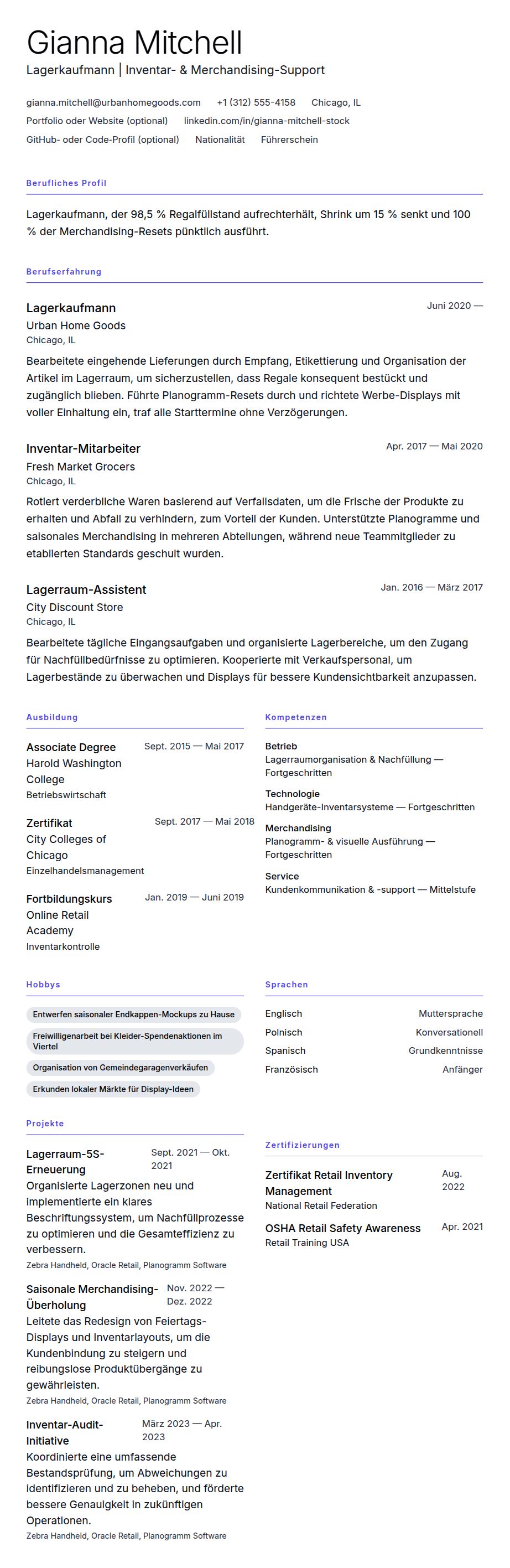 Lebenslaufvorschau für Beispiel-Lebenslauf Lagerkaufmann