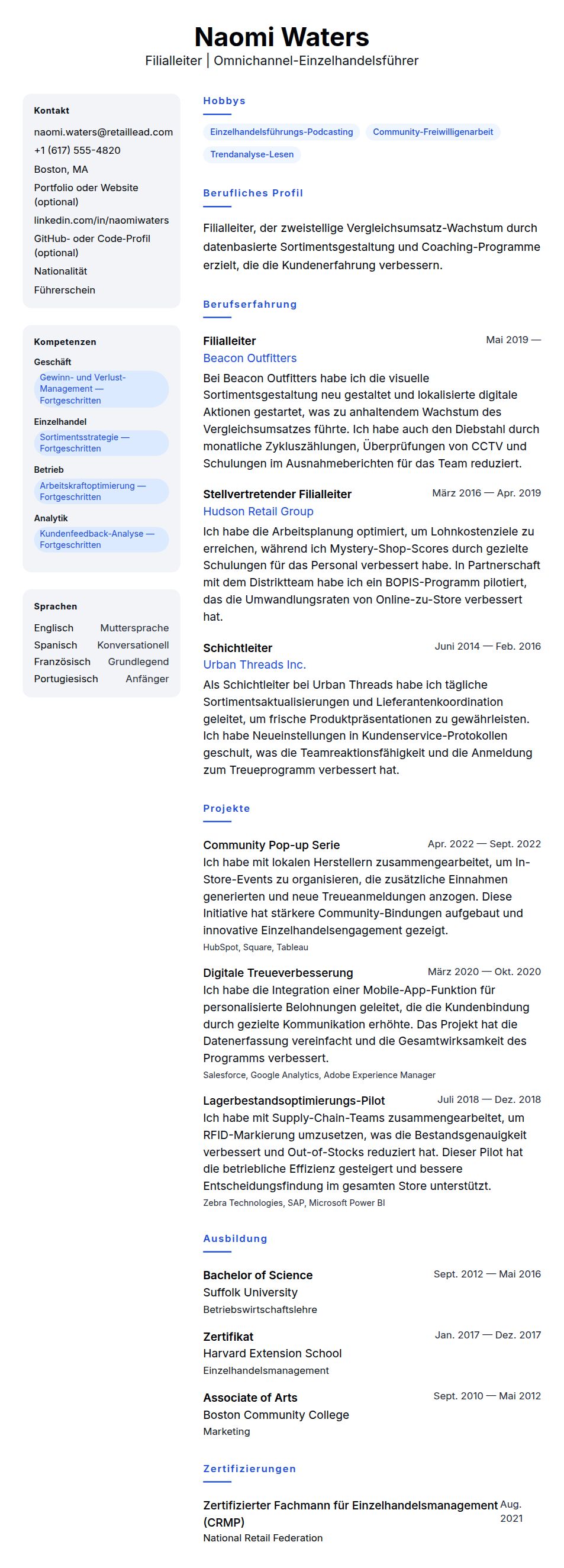 Lebenslaufvorschau für Lebenslaufbeispiel für Filialleiter