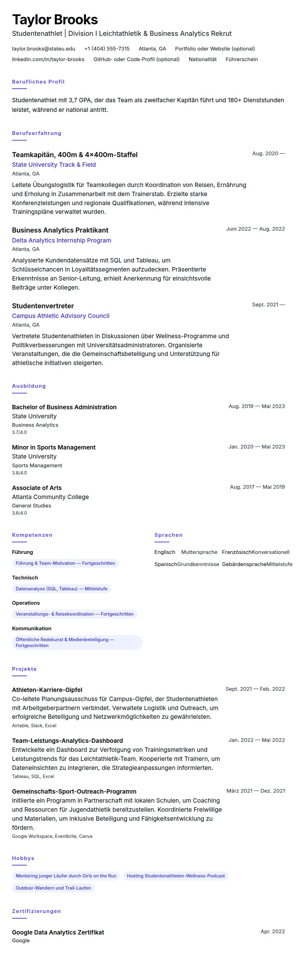 Studentenathlet Lebenslauf-Beispiel