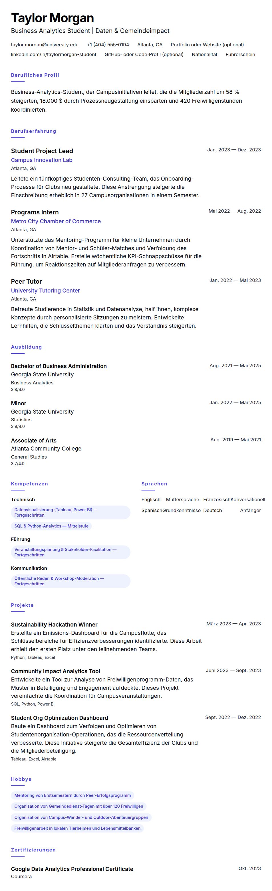 Lebenslaufvorschau für Studenten-Lebenslauf-Beispiel