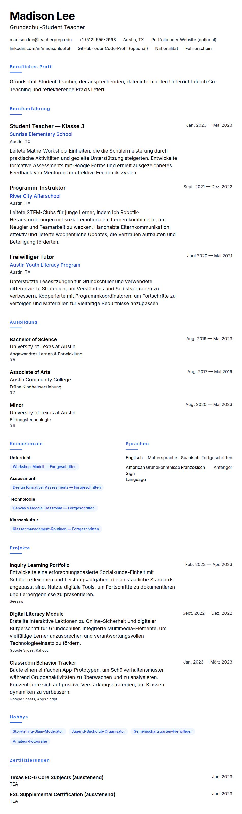 Lebenslaufvorschau für Student Teacher Lebenslauf-Beispiel