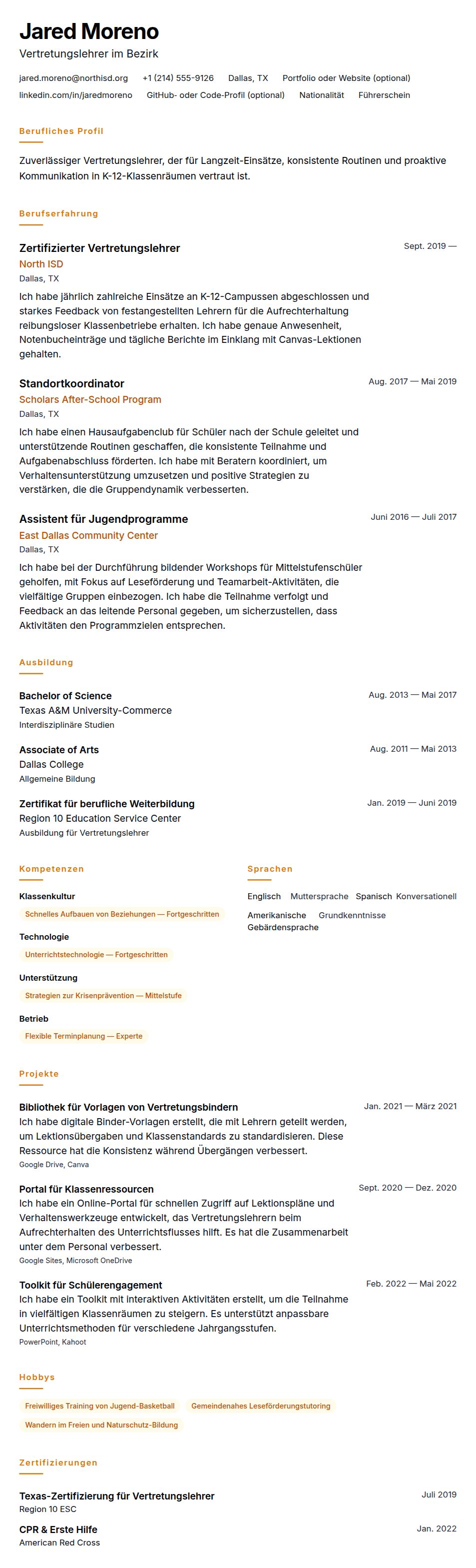 Lebenslaufvorschau für Beispiel-Lebenslauf Vertretungslehrer