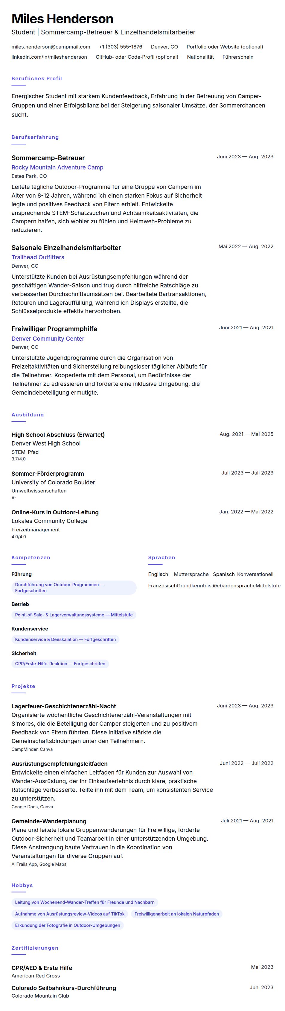 Sommerjob-Lebenslauf Beispiel