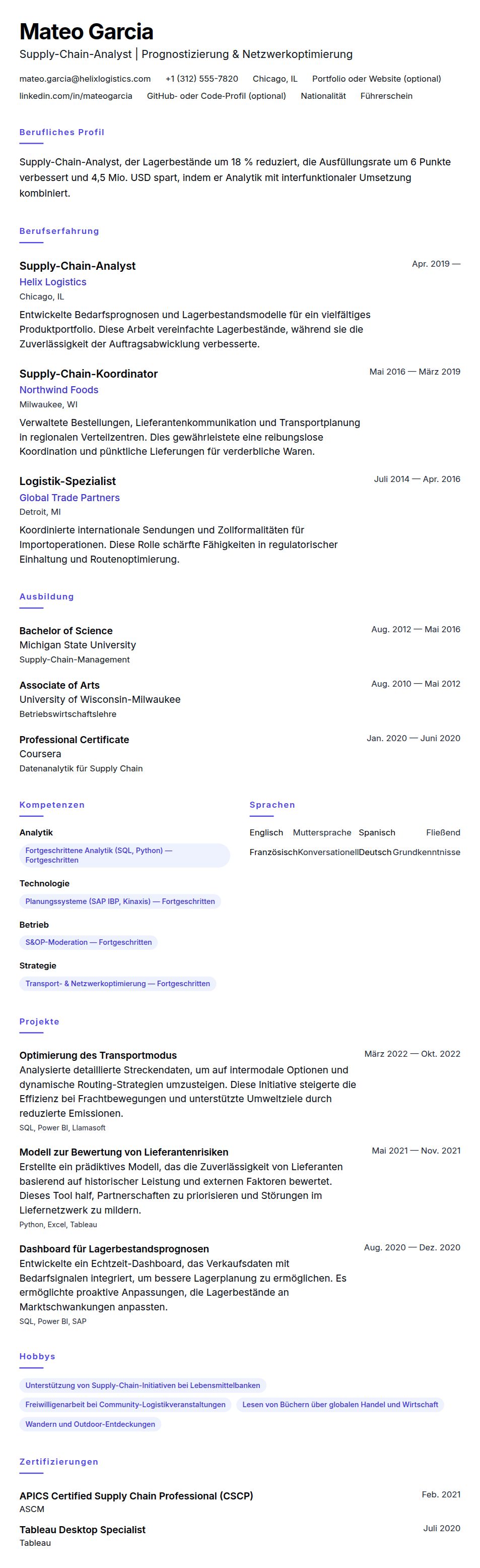 Lebenslaufvorschau für Lebenslaufbeispiel für Supply-Chain-Analyst
