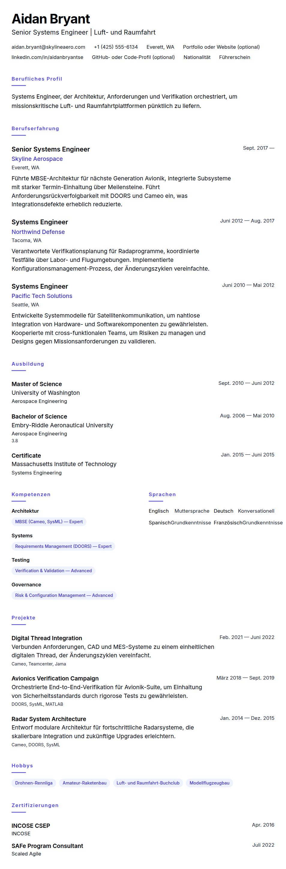 Lebenslaufvorschau für Beispiel für einen Lebenslauf als Systems Engineer
