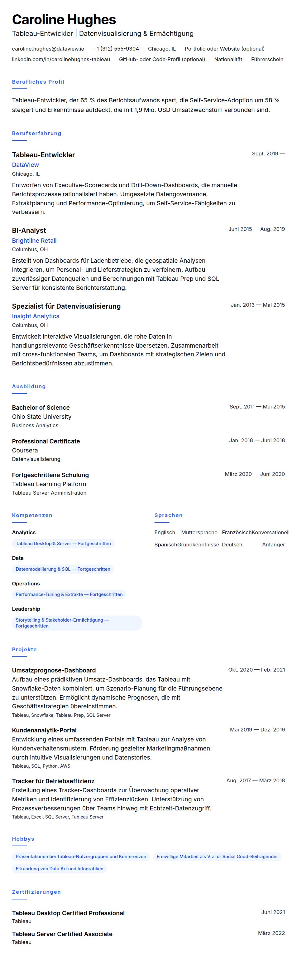 Lebenslaufvorschau für Beispiel-Lebenslauf für Tableau-Entwickler
