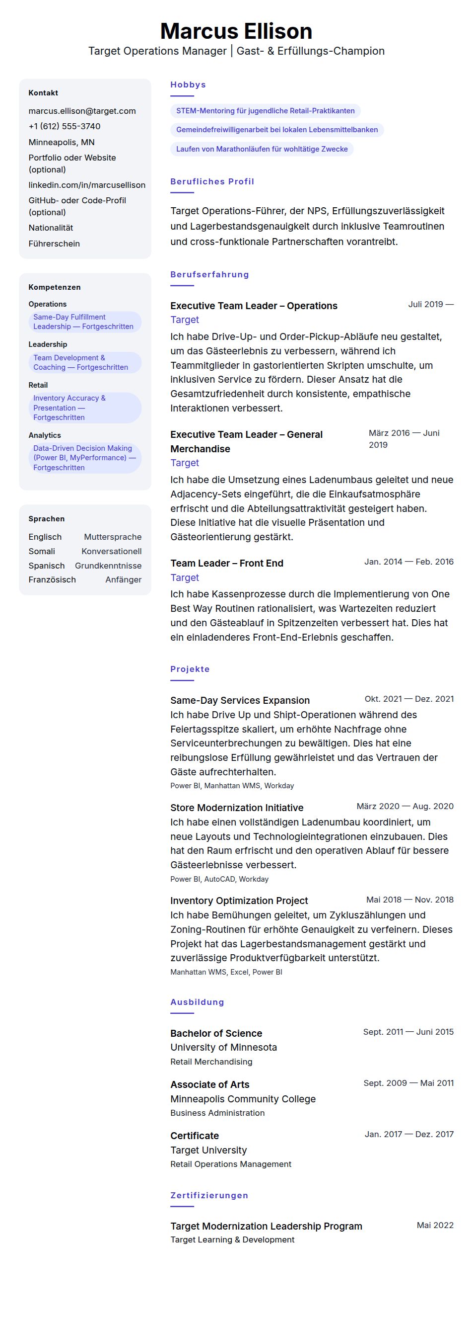 Target Operations Manager Lebenslauf-Beispiel
