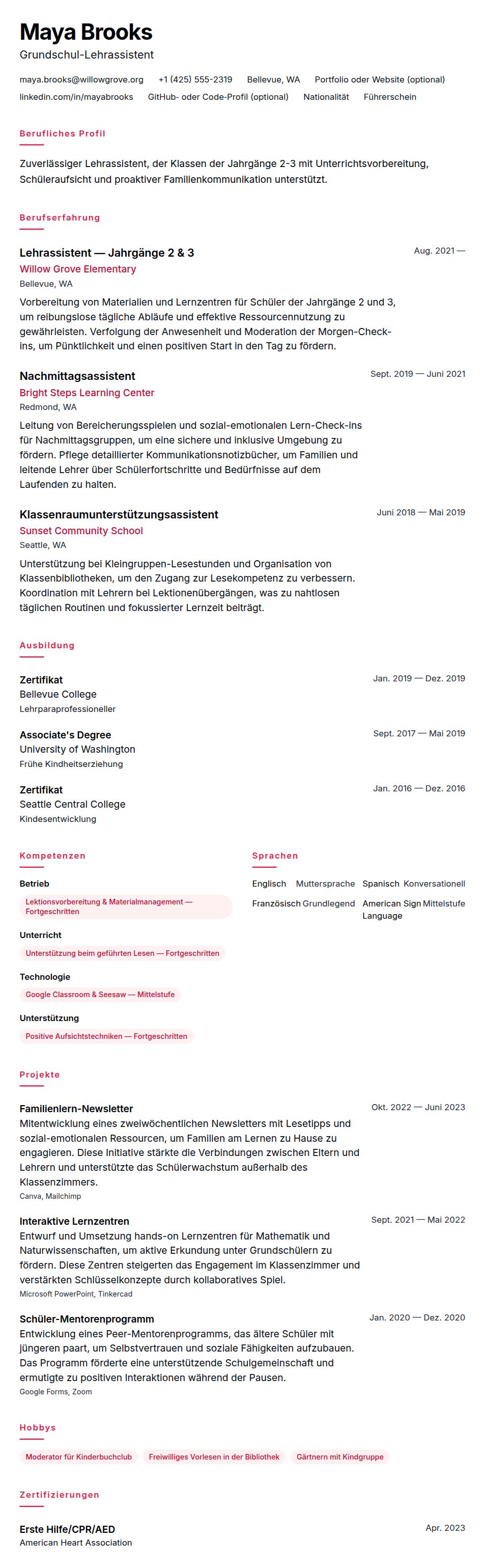 Lehrassistent Lebenslauf-Beispiel