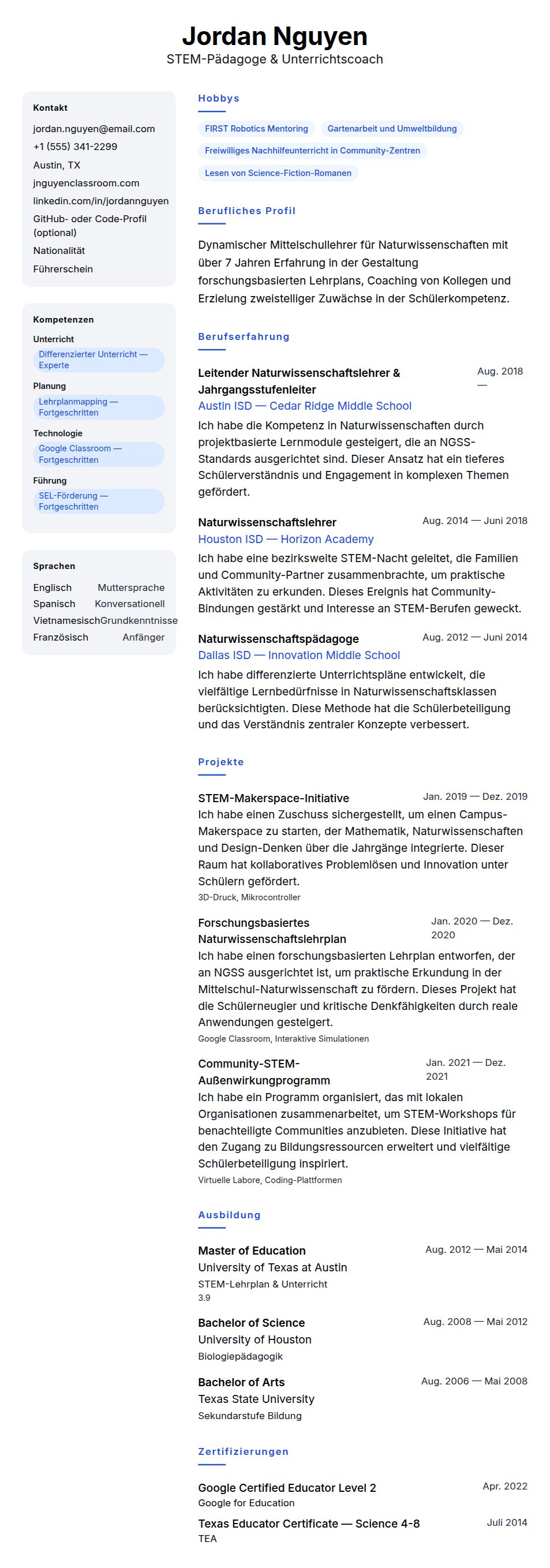 Lebenslaufvorschau für Lehrer-Lebenslauf-Beispiel