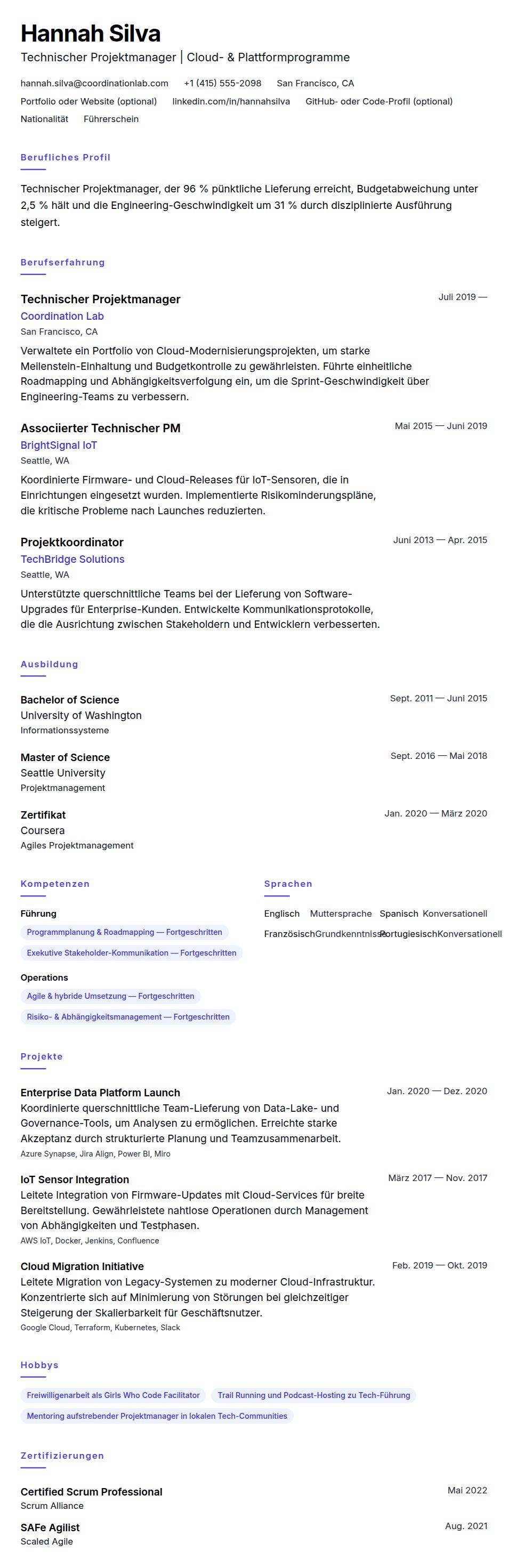 Lebenslaufvorschau für Technischer Projektmanager Lebenslaufbeispiel