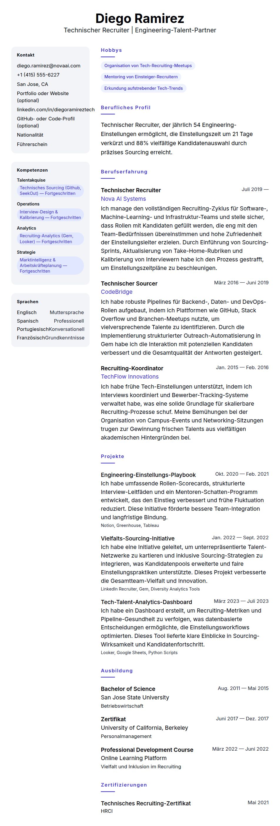 Lebenslaufvorschau für Technischer Recruiter Lebenslauf-Beispiel