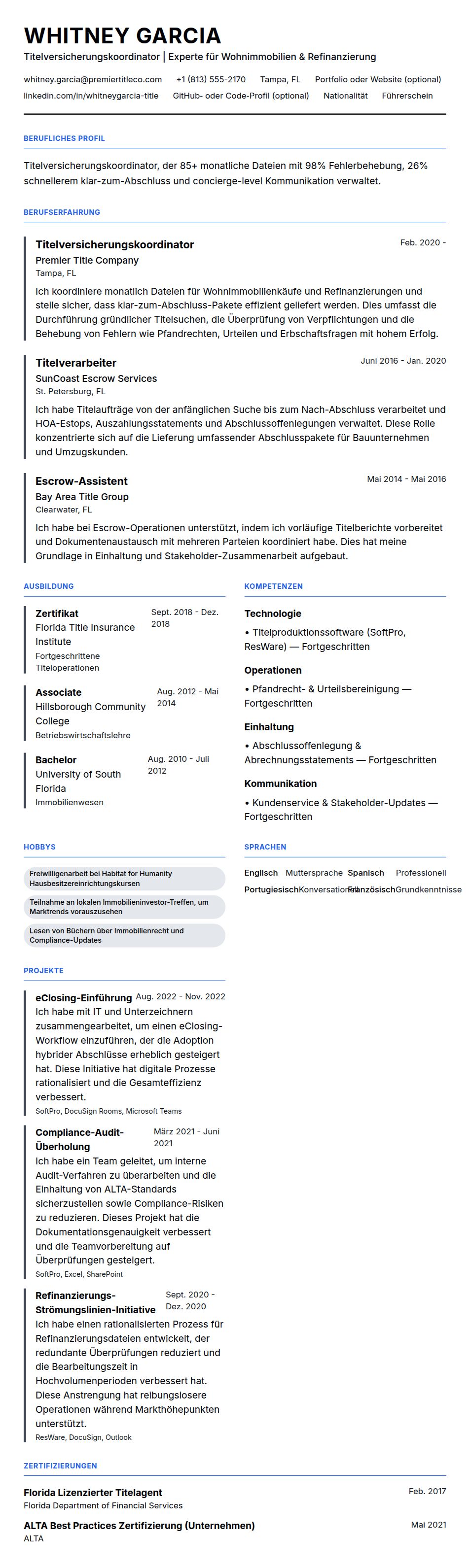 Lebenslaufvorschau für Titelversicherungskoordinator Lebenslauf-Beispiel