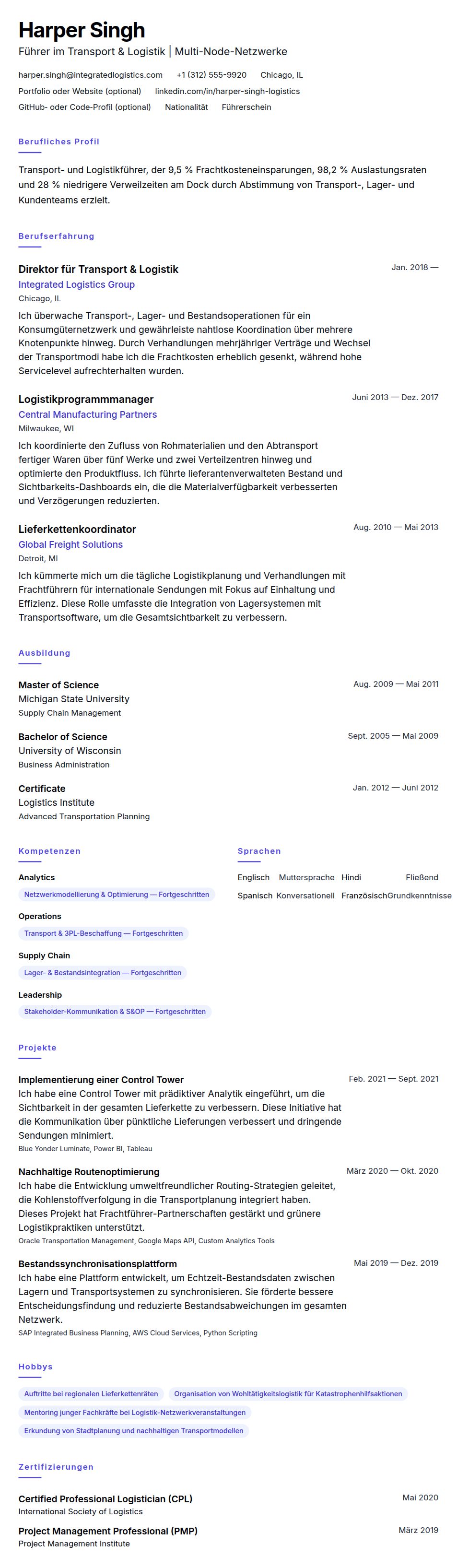 Lebenslaufvorschau für Lebenslaufbeispiel für Transport- und Logistikfachkraft