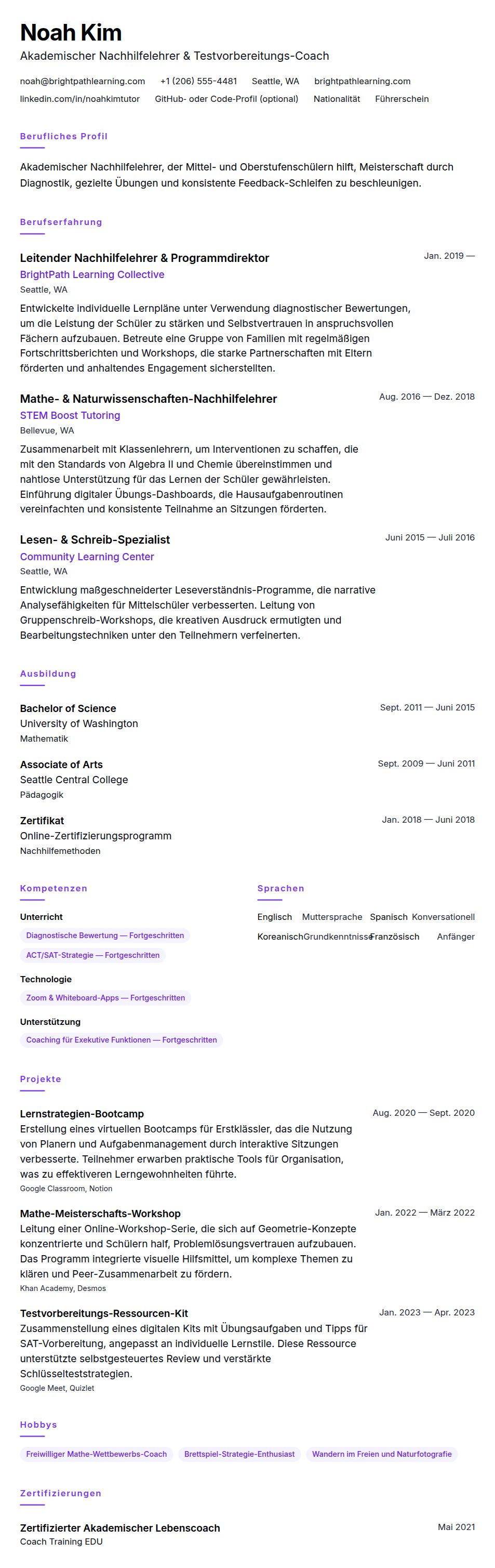 Lebenslaufvorschau für Nachhilfelehrer-Lebenslauf-Beispiel
