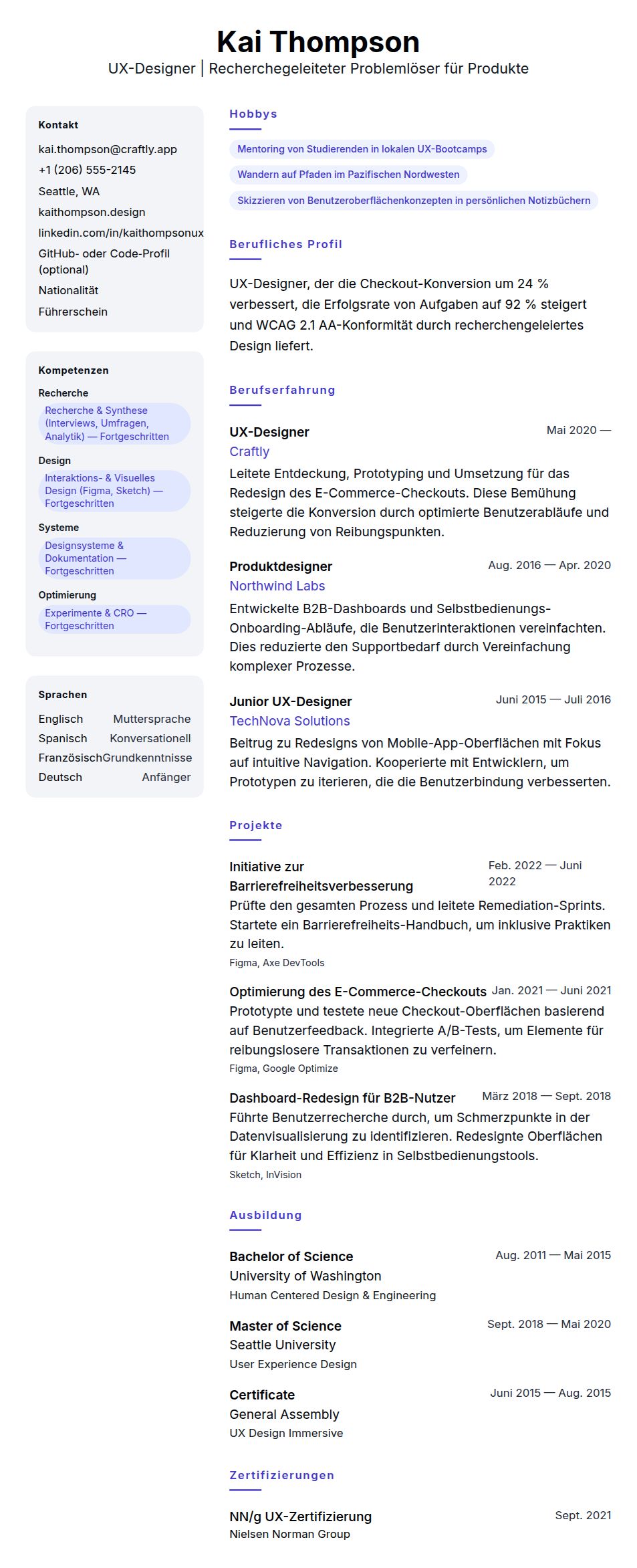 Lebenslaufvorschau für UX-Designer-Lebenslaufbeispiel