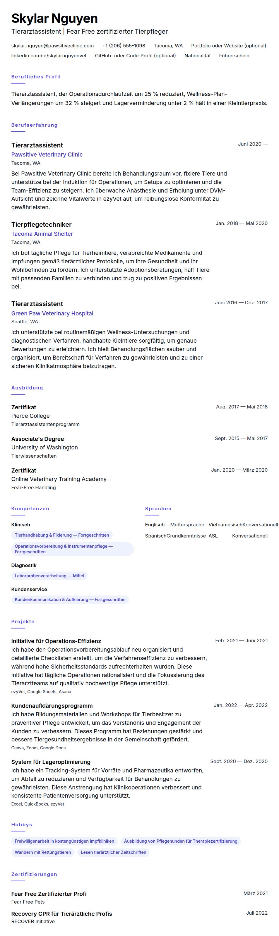 Lebenslaufvorschau für Beispiel-Lebenslauf für Tierarztassistent