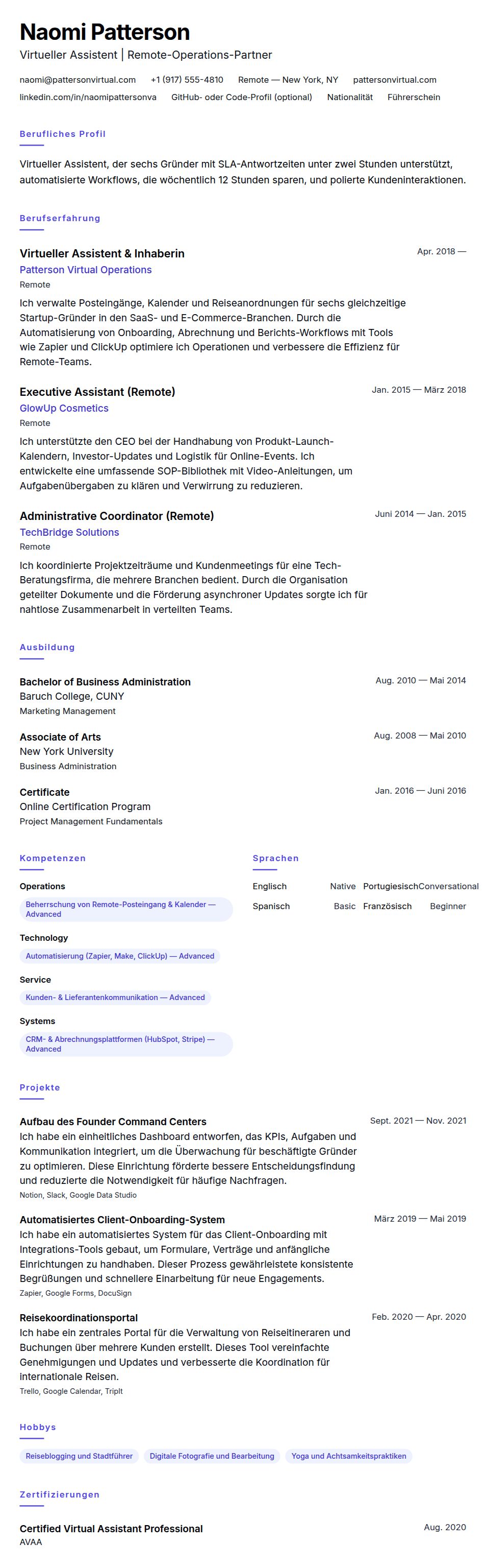 Lebenslaufvorschau für Beispiel-Lebenslauf für Virtuellen Assistenten