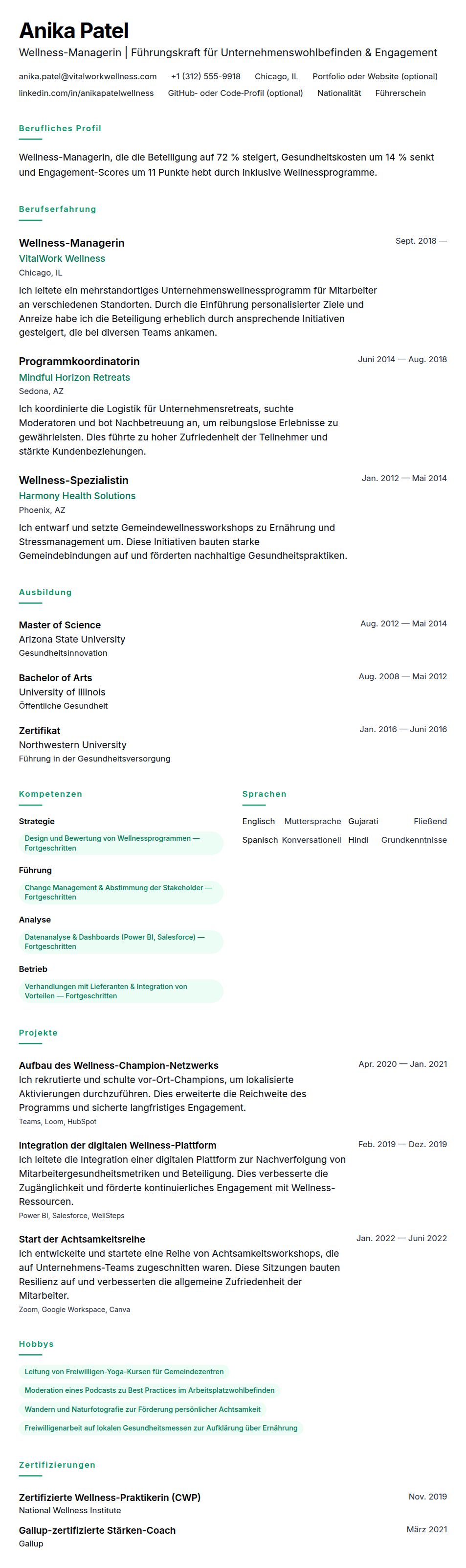 Lebenslaufvorschau für Wellness-Manager Lebenslauf-Beispiel