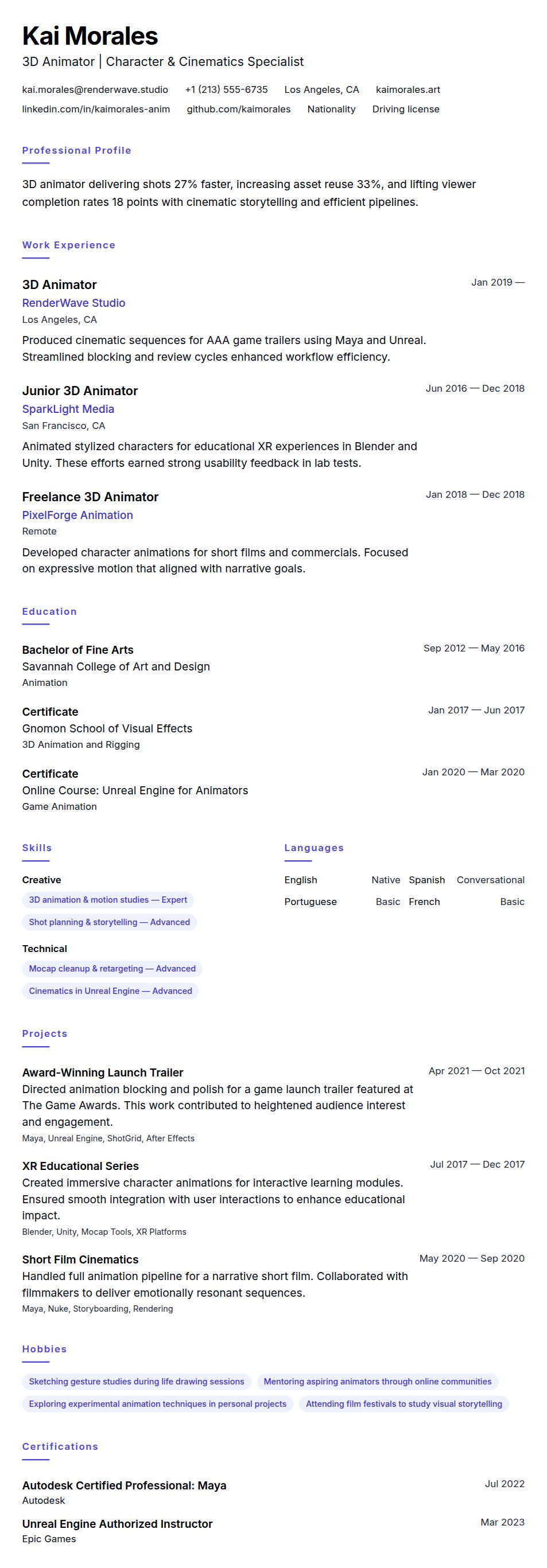 Resume preview for 3D Animator Resume Example