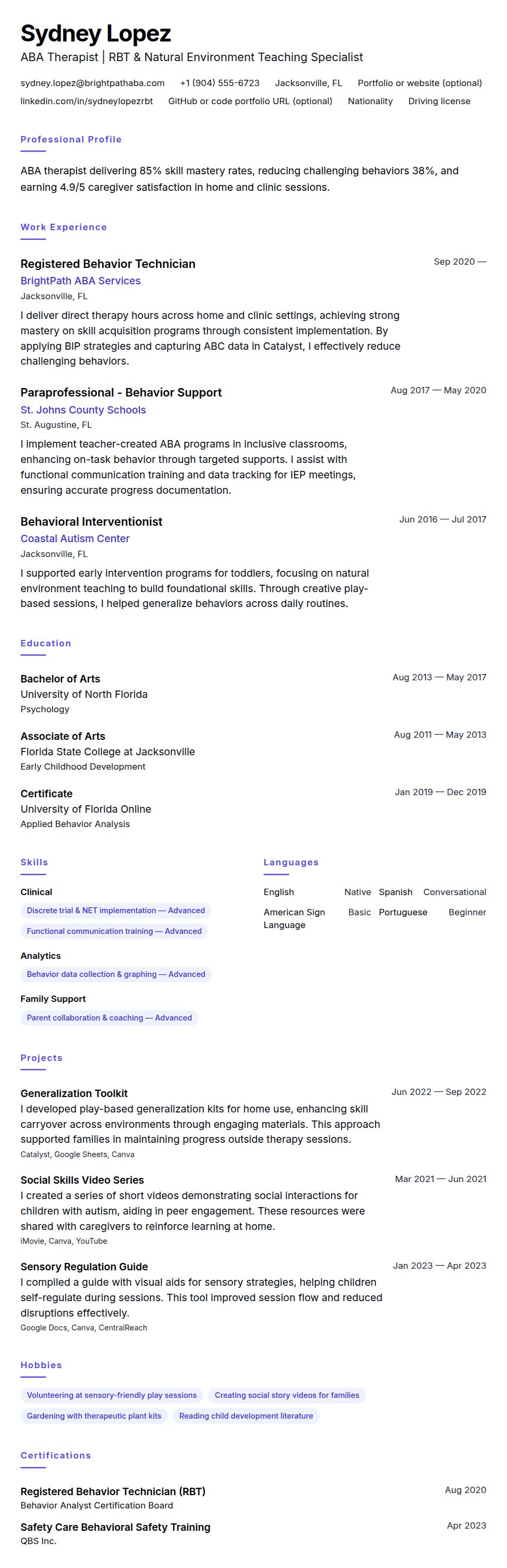 Resume preview for ABA Therapist Resume Example