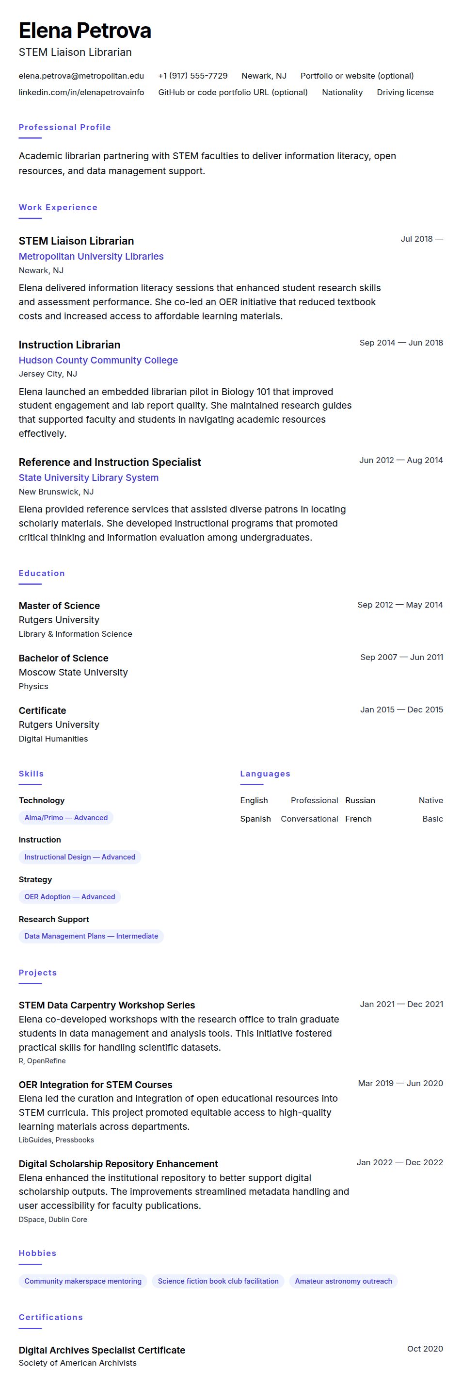 Resume preview for Academic Librarian Resume Example