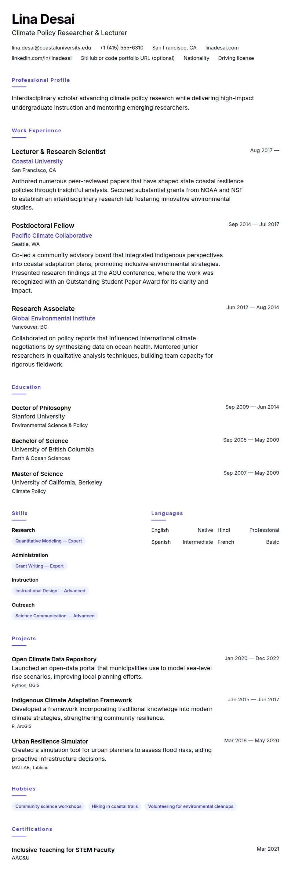 Resume preview for Academic Resume Example