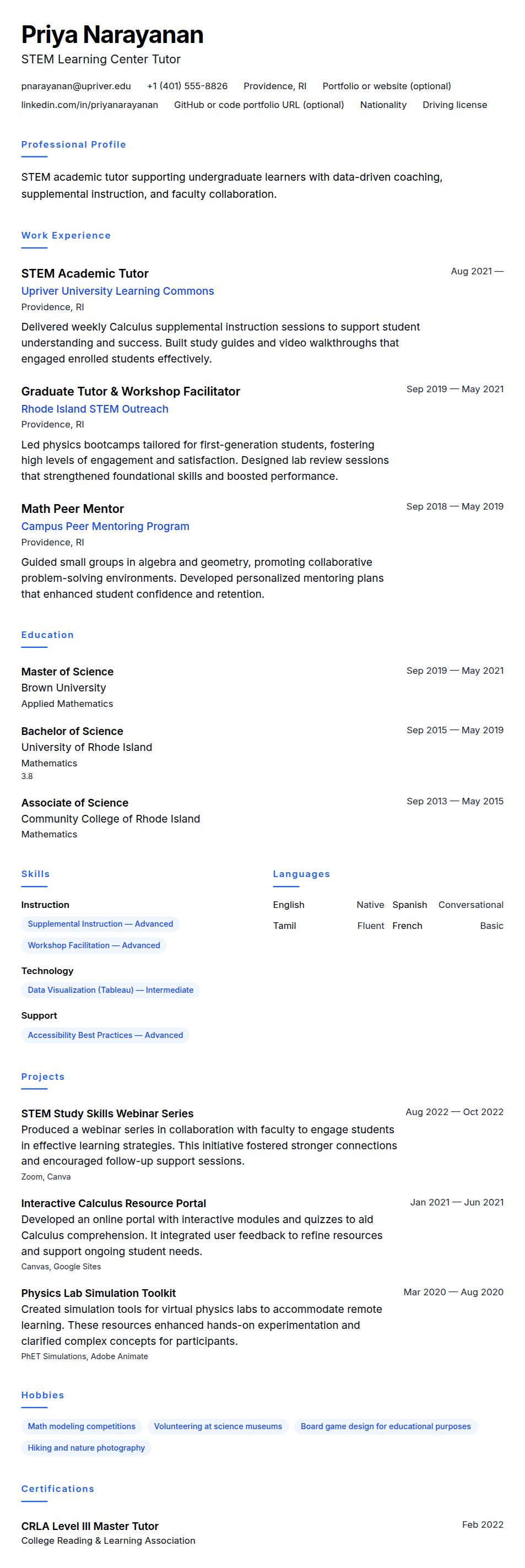 Resume preview for Academic Tutor Resume Example