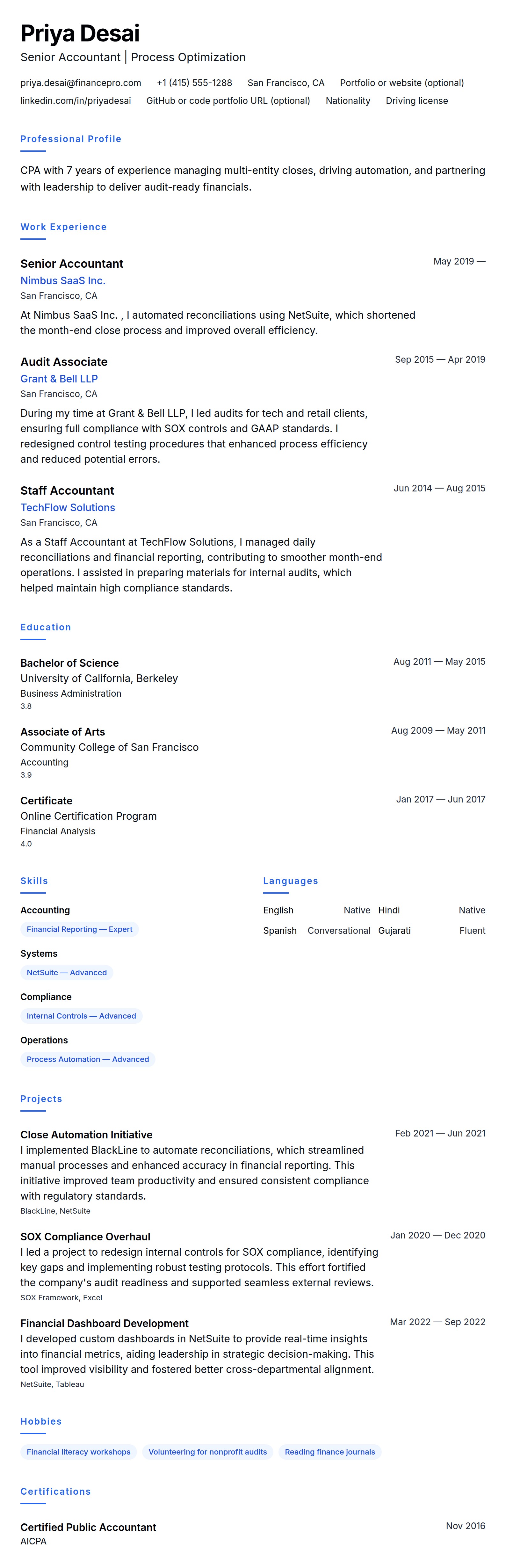 Resume preview for Accountant Resume Example