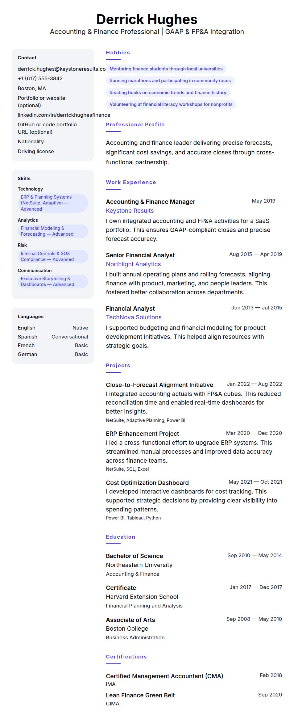 Resume preview for Accounting and Finance Professional Resume Example