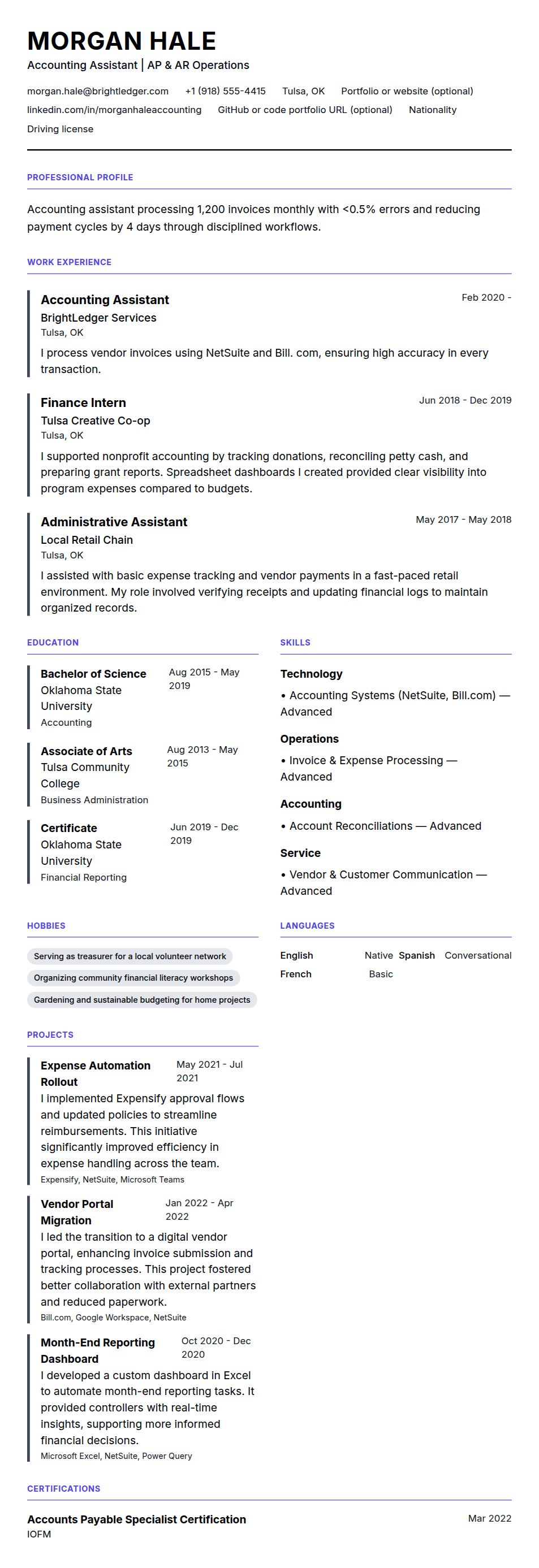 Resume preview for Accounting Assistant Resume Example