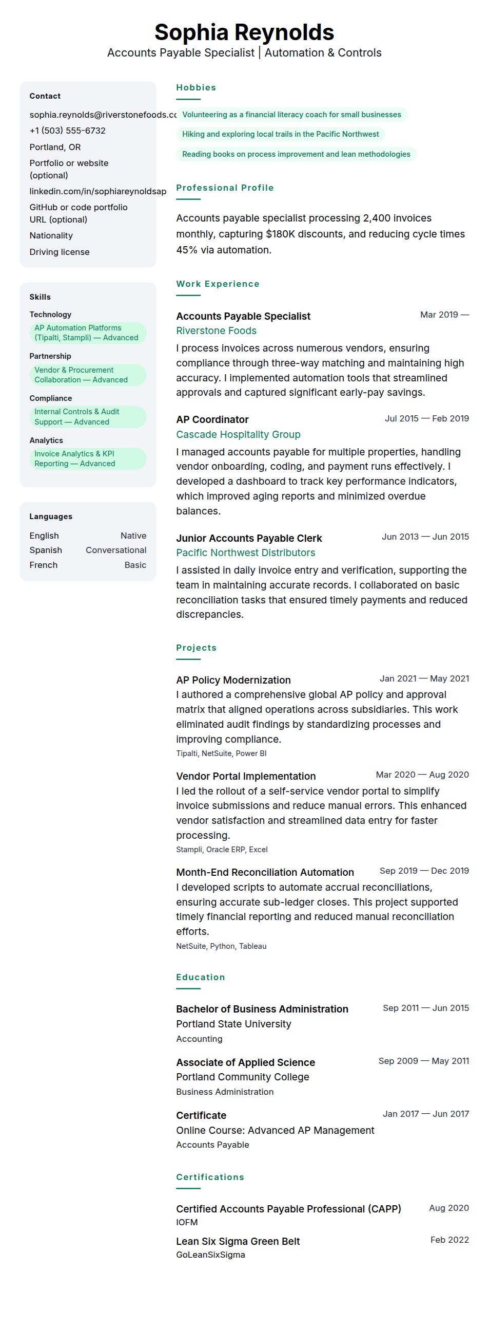Resume preview for Accounts Payable Specialist Resume Example