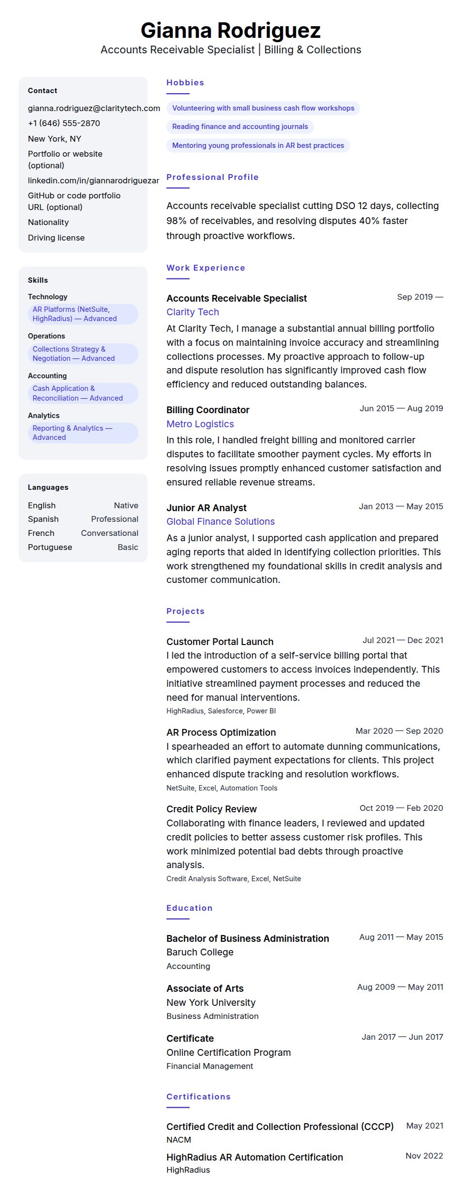 Resume preview for Accounts Receivable Specialist Resume Example