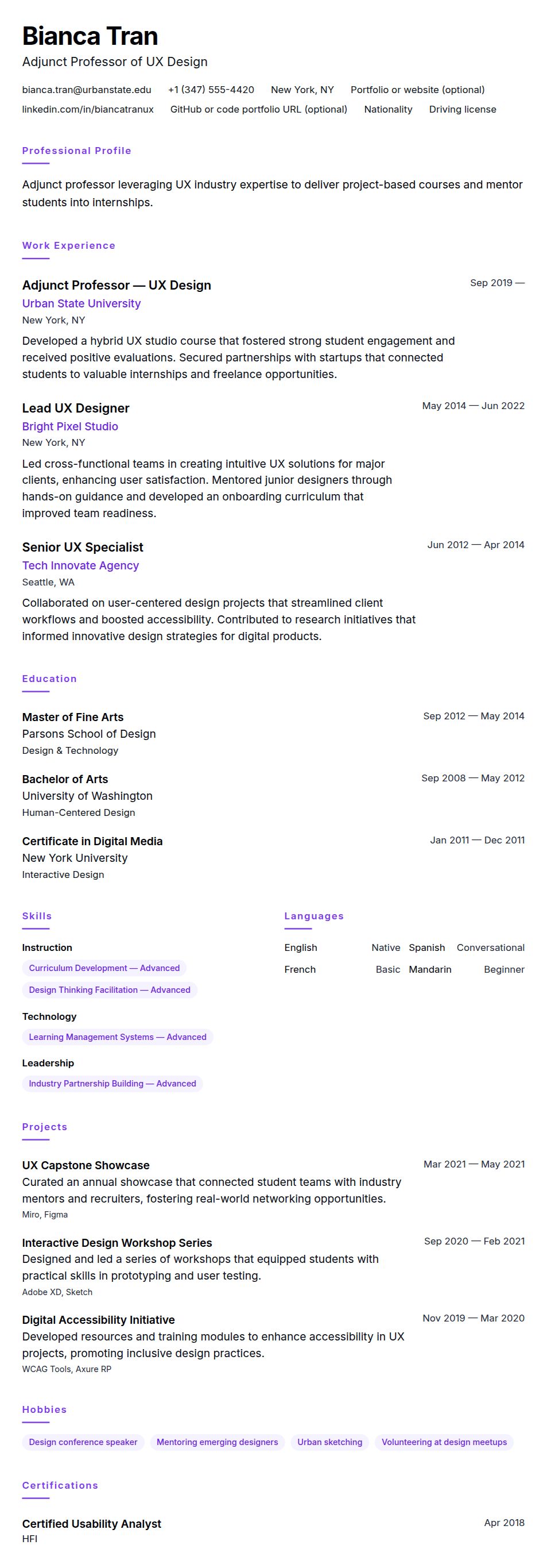 Resume preview for Adjunct Professor Resume Example