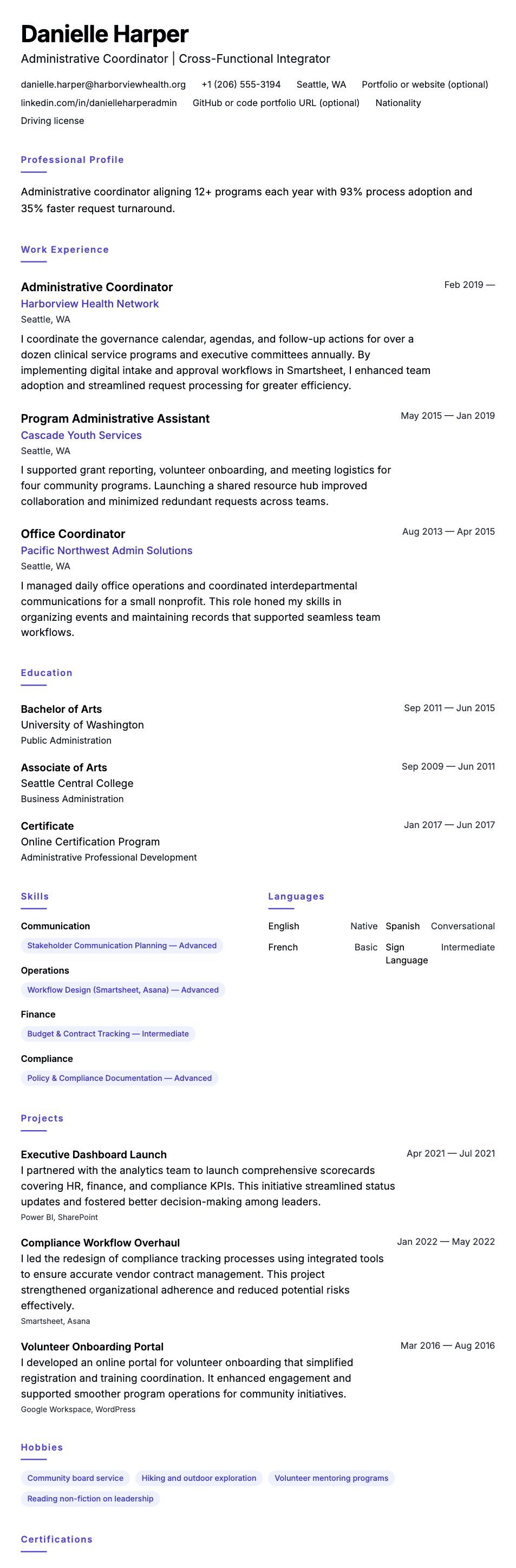 Resume preview for Administrative Coordinator Resume Example