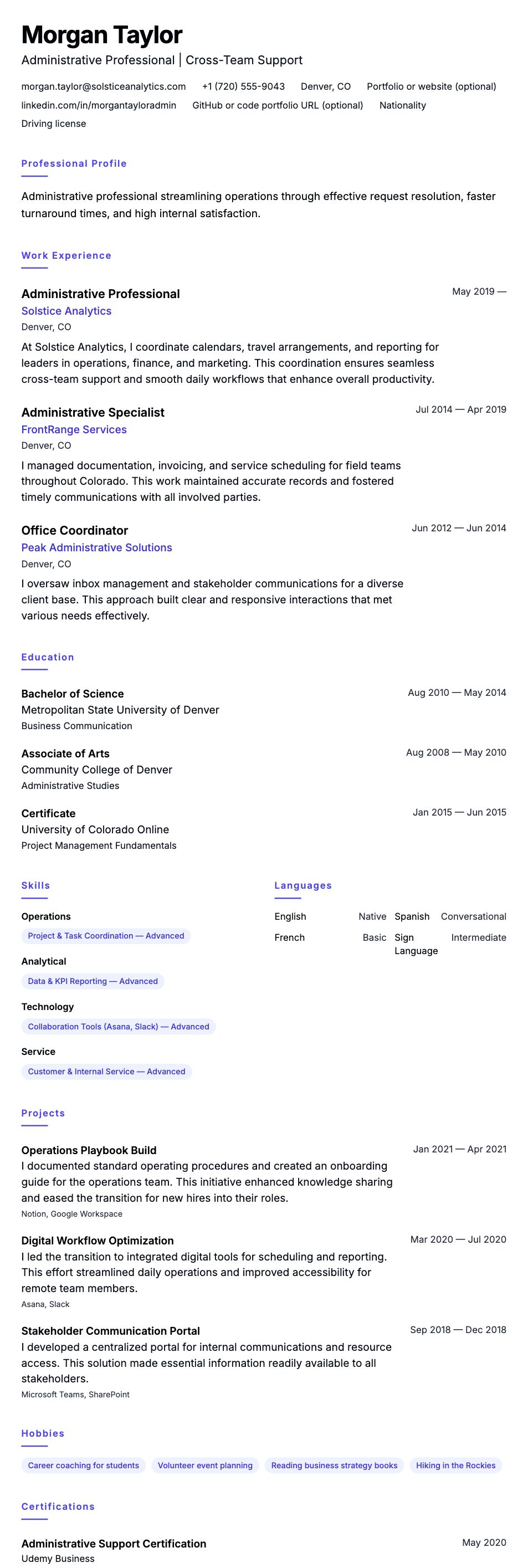 Resume preview for Administrative Professional Resume Example