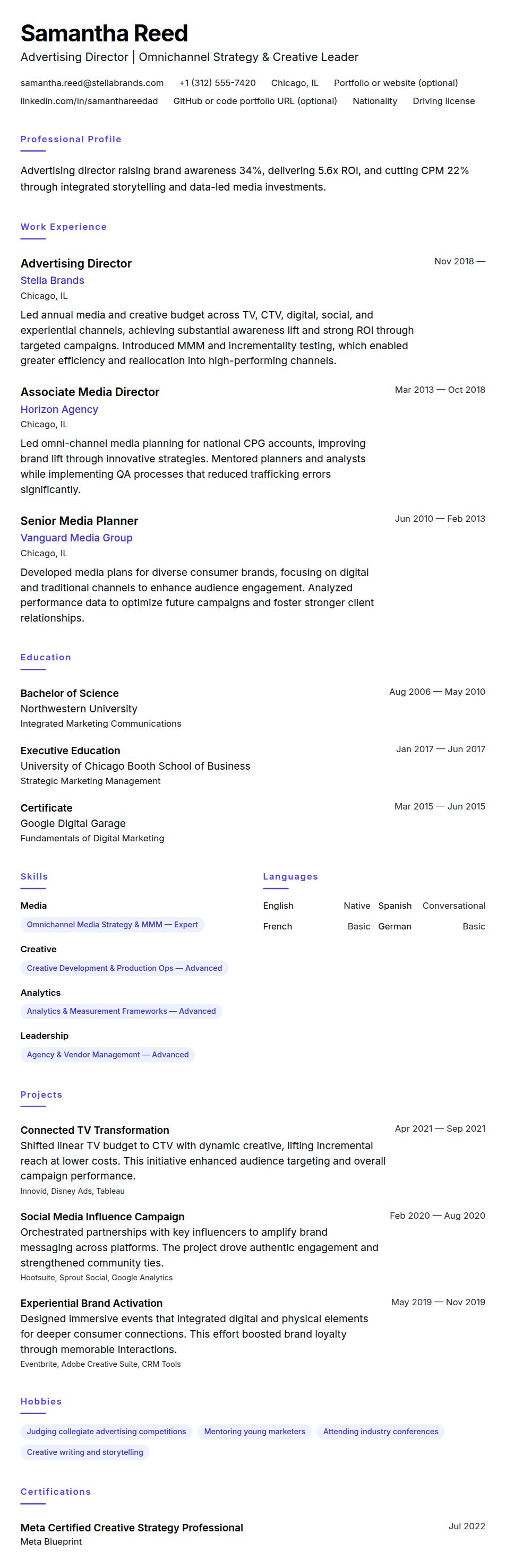 Resume preview for Advertising Director Resume Example