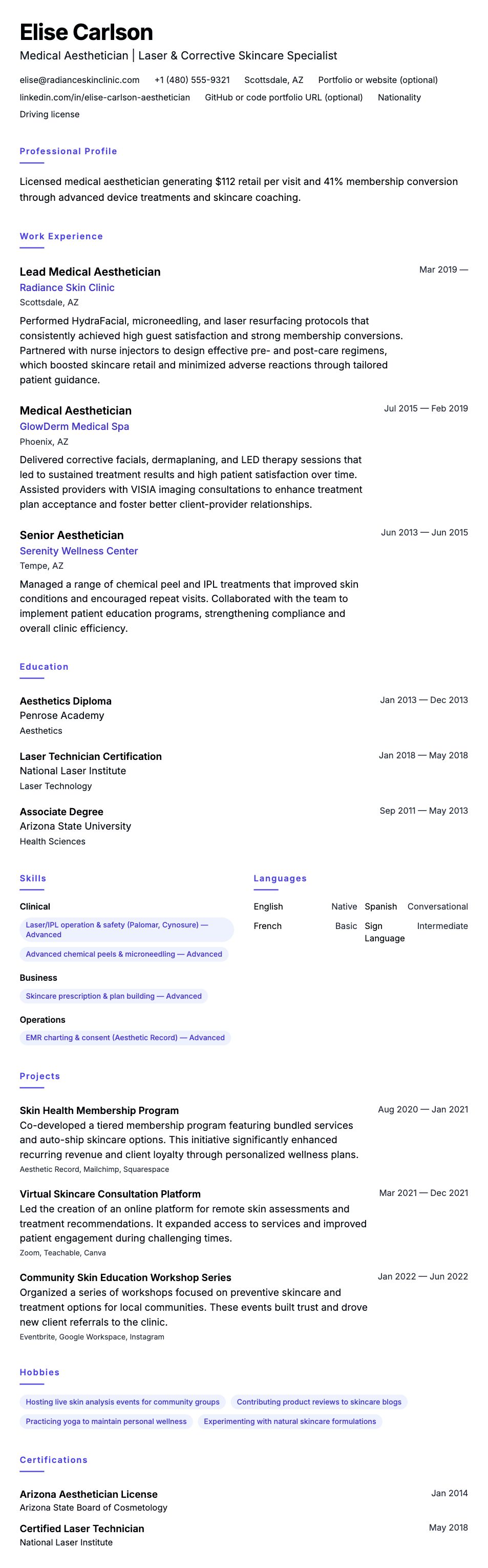 Resume preview for Medical Aesthetician Resume Example