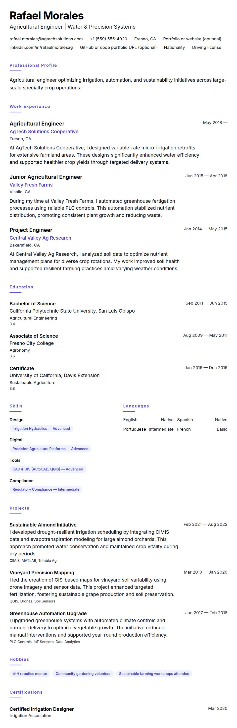 Resume preview for Agricultural Engineer Resume Example