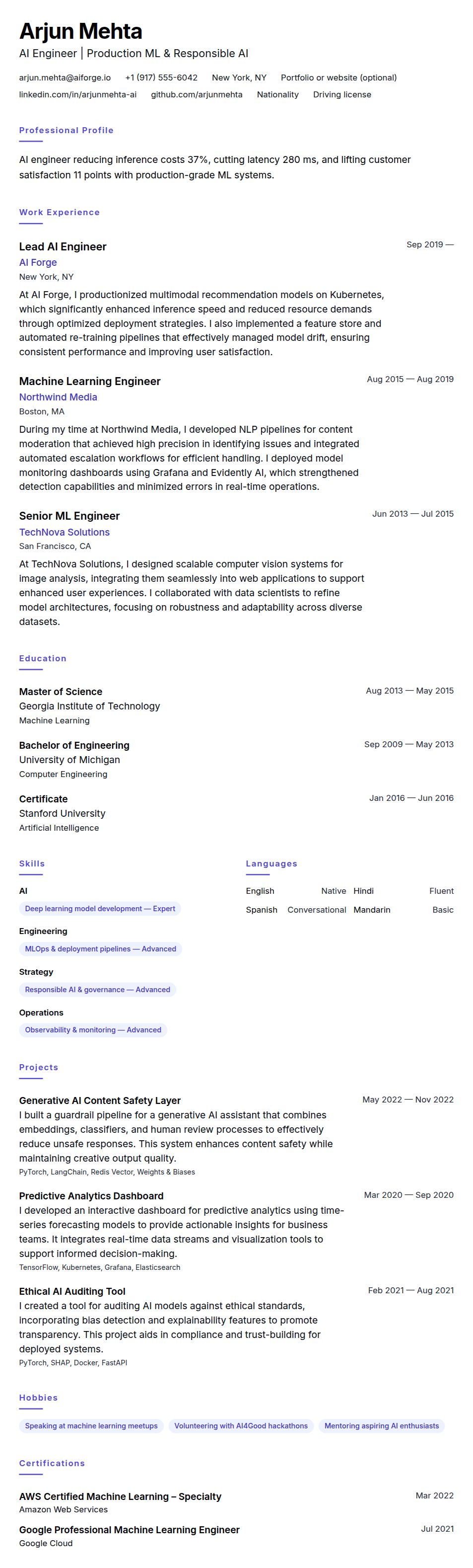 Resume preview for AI Engineer Resume Example
