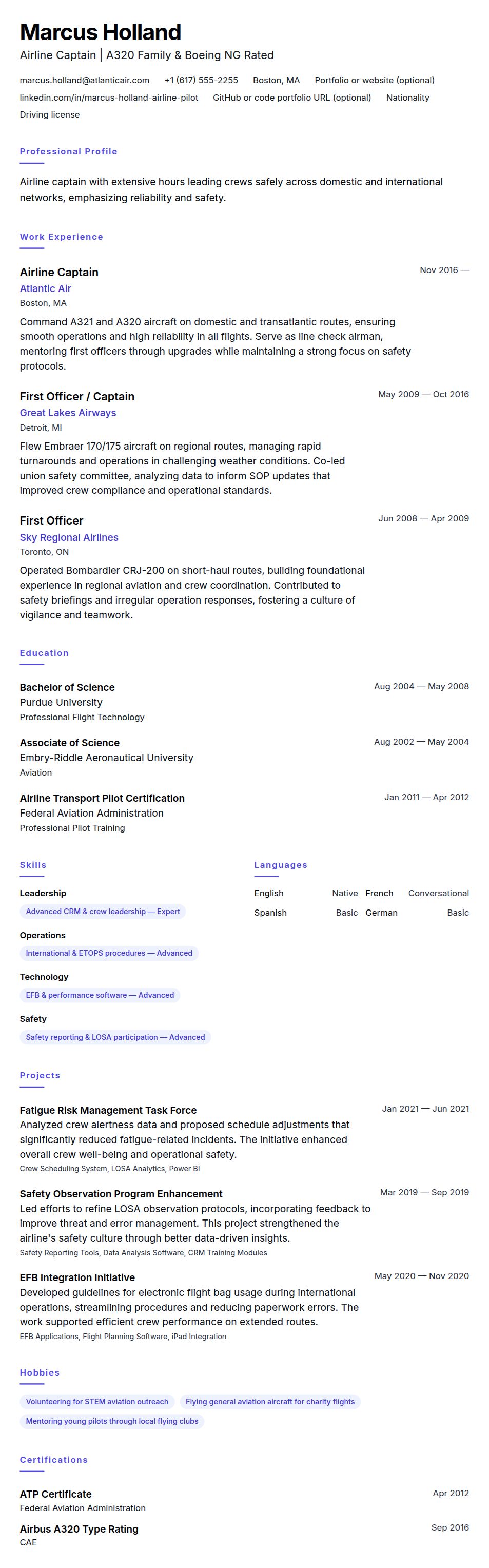 Resume preview for Airline Pilot Resume Example