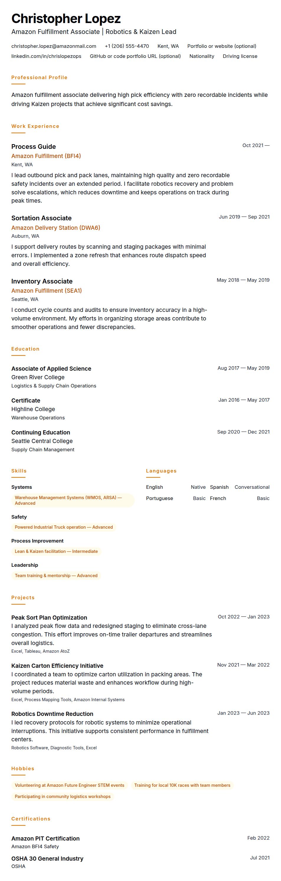 Resume preview for Amazon Associate Resume Example