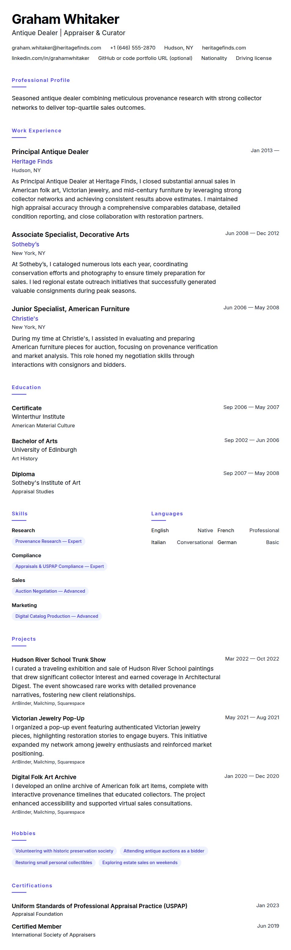 Resume preview for Antique Dealer Resume Example