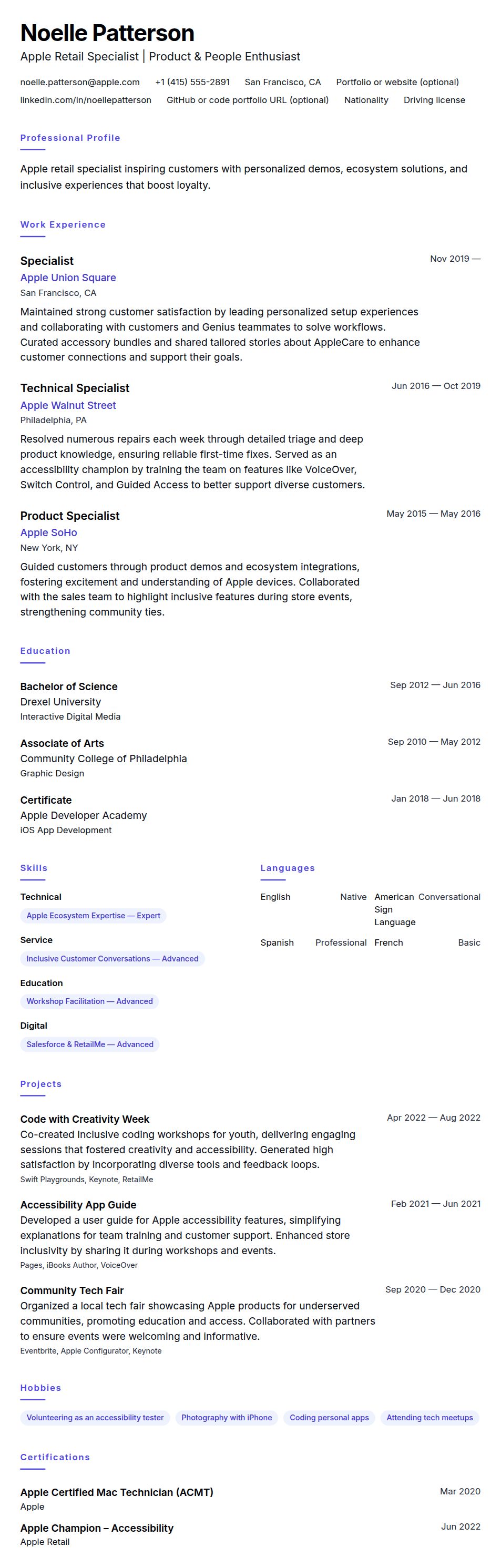 Resume preview for Apple Retail Specialist Resume Example